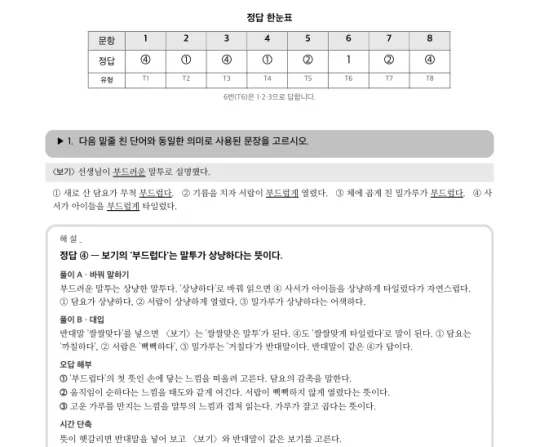 적성검사 문제집 해설서 일부: 정답 한눈표와 1번 문항 해설