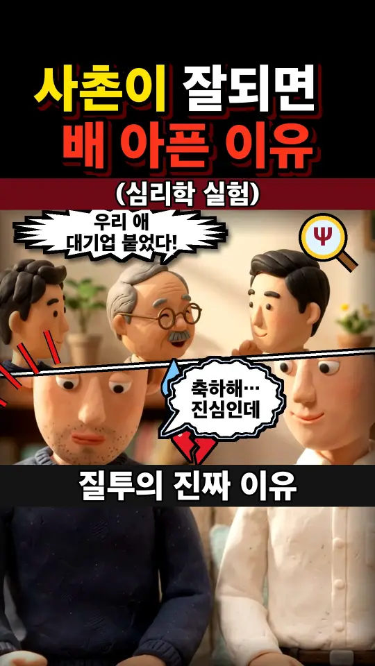 자체 심리학 채널 쇼츠 썸네일: 클레이 인형 가족과 '사촌이 잘되면 배 아픈 이유' 제목