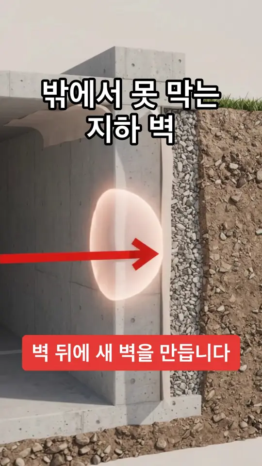 방수 시공 사례 쇼츠 썸네일: 지하 벽 단면에 물이 스며드는 방향을 화살표로 표시