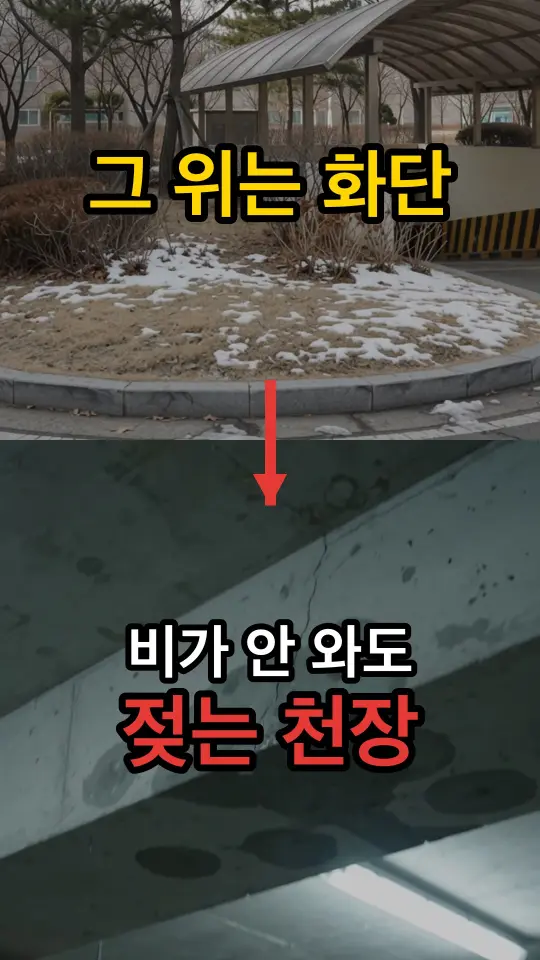 방수 시공 사례 쇼츠 썸네일: 화단 아래 지하 주차장 천장의 누수 얼룩